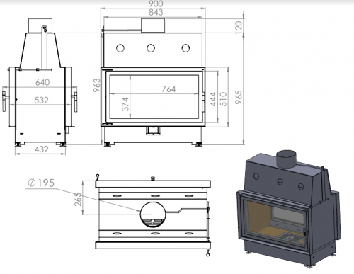 Топка ECT Double 90x51/C 15 кВт, 900/510, туннель, футеровка чугун фото 2