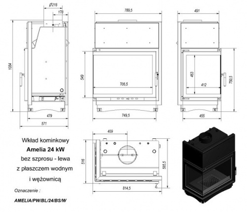 Топка с водяным контуром AMELIA/PW/BL/24/BS/W, Г-образное стекло слева, змеевик фото 2