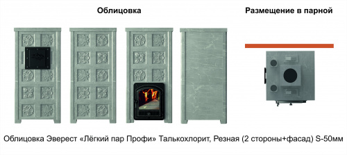 Печь Эверест "Легкий пар Профи" каменка «по-серому», Талькохлорит, Б/В, Резная (2 стор.+фасад) фото 2
